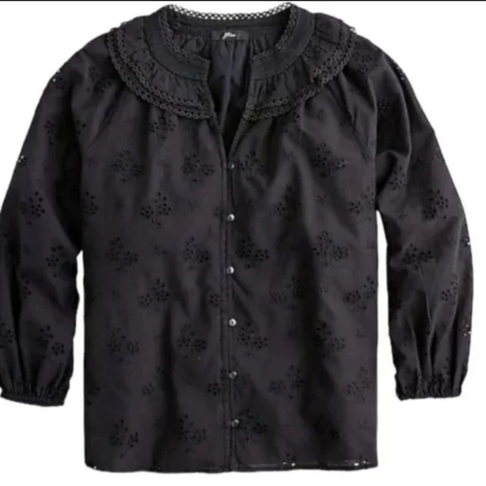 J.Crew Women’s Black Eyelet Peasant/Ruffle Collar Button Down Blouse Top
